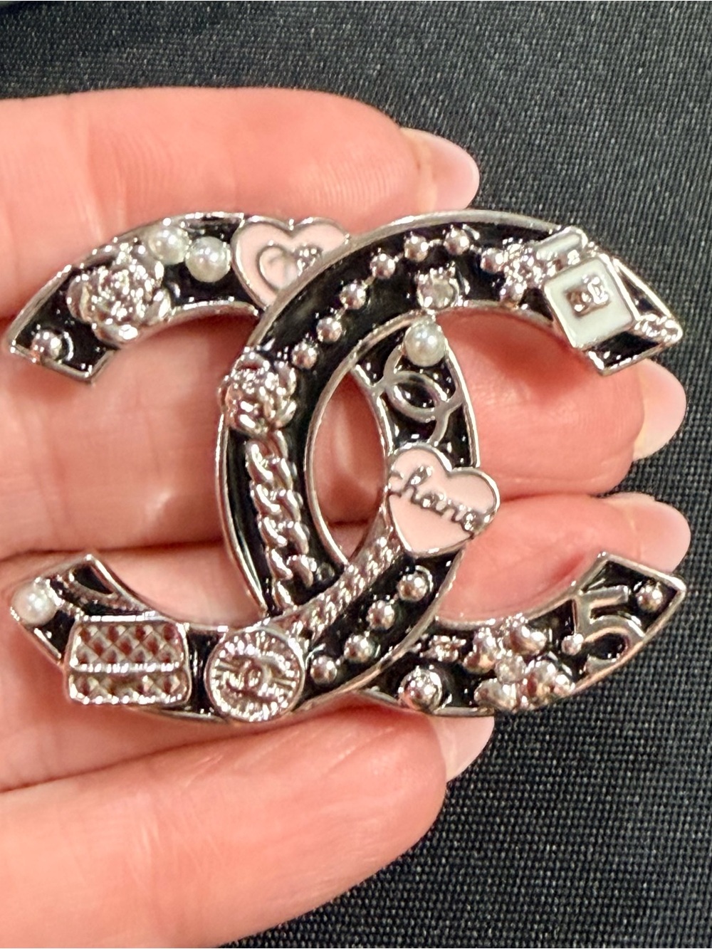 Silver Double C Brooch with Pink Heart Accents | NEW